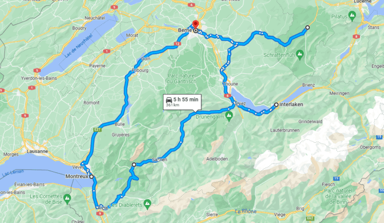 Carte Road trip en Suisse en 5 jours