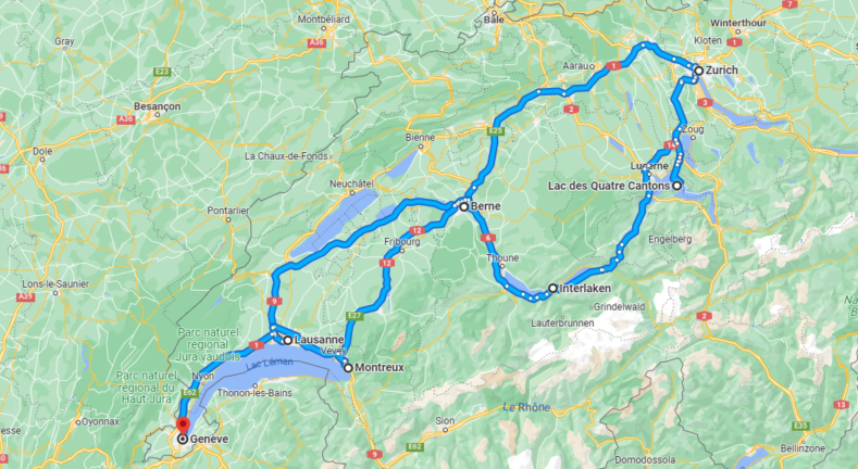 Carte Road Trip Suisse 7 jours