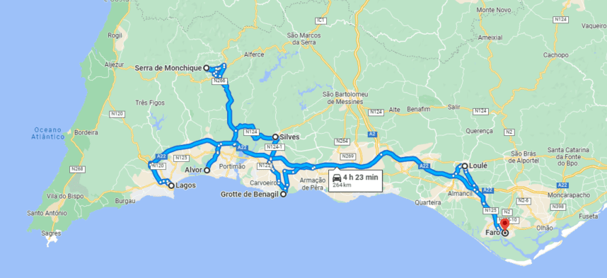 Carte Road Trip en Algarve 1 semaine