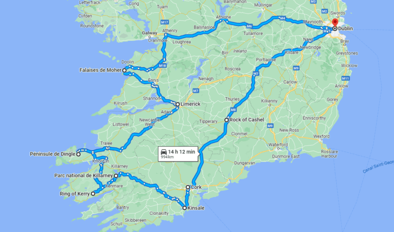 Carte road trip en Irlande 10 jours