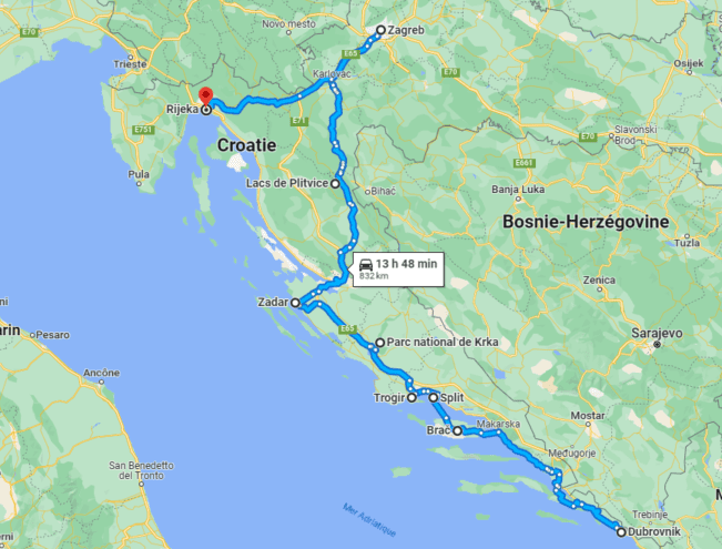 Carte road trip en Croatie 15 jours