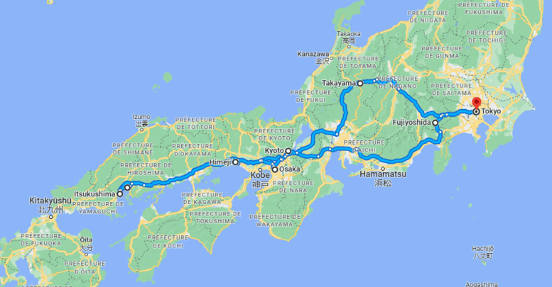 Carte road trip au Japon 15 jours