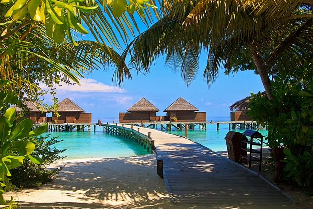 Paysage typique des Maldives avec la plage et des maisons sur pilotis