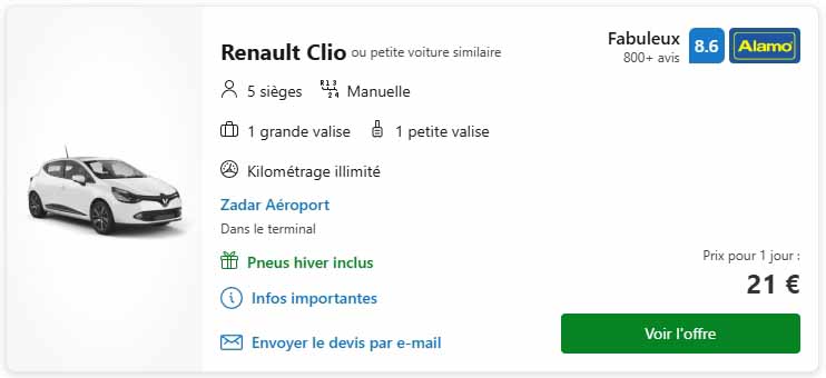 location voiture  euros Zadar par jour