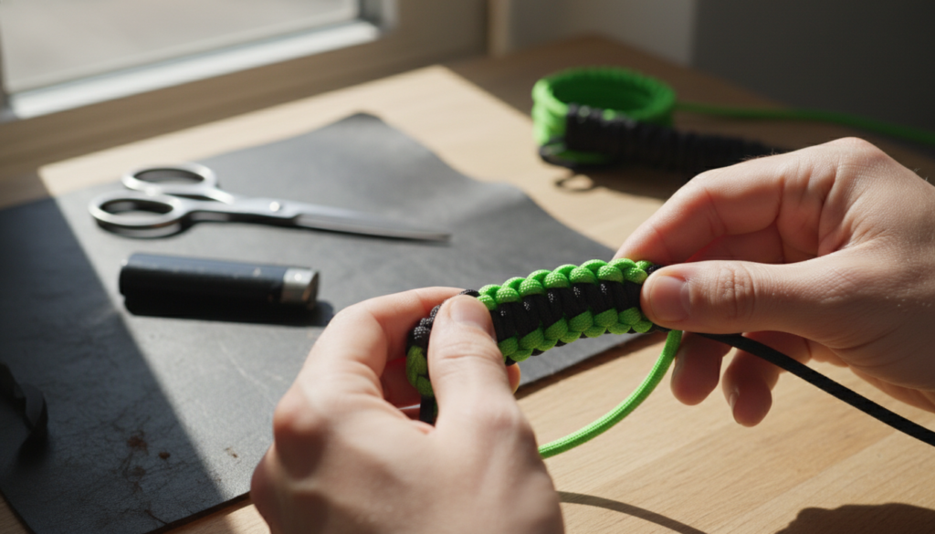 apprenez à fabriquer un bracelet en paracorde avec la technique de tressage king cobra, étape par étape, pour un accessoire solide et stylé.