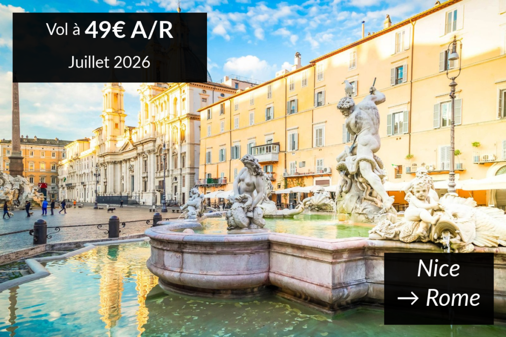 Bannière 5 destinations vol pas cher depuis Nice en juillet 2026 dès 49€ A/R